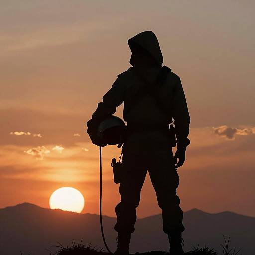 Mysterious Figure Against Sunset Landscape