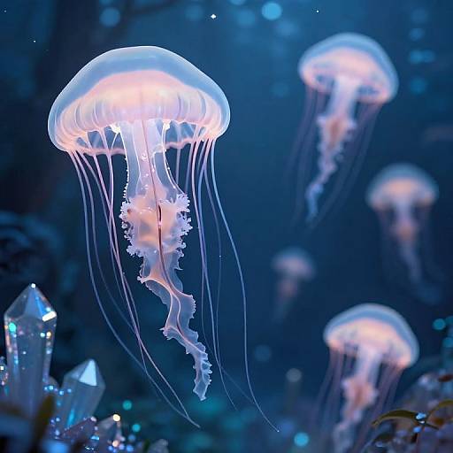 Photograph of glowing, translucent jellyfish with long, flowing tentacles in a deep blue underwater scene, surrounded by ethereal crystals and soft lights.