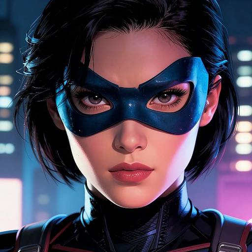 Digital art of a fierce, young woman with short black hair, wearing a blue mask and black suit, illuminated by city lights. Intense gaze,