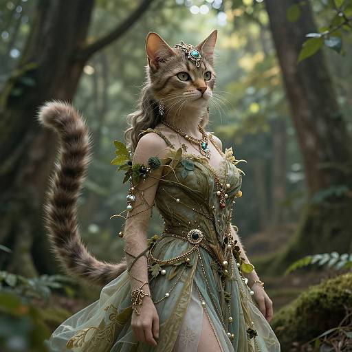Digital artwork of a regal, anthropomorphic cat with green eyes, wearing an ornate, green and gold fairy-like dress in a mystical forest.