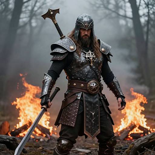 Photograph of a fierce Viking warrior in silver armor, holding a sword and axe, standing before blazing forest fires in a misty, wooded background.