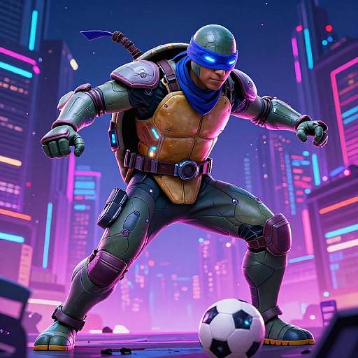 CGI image of a muscular, armored Teenage Mutant Ninja Turtle with blue visor, blue bandana, and glowing cityscape background, kicking