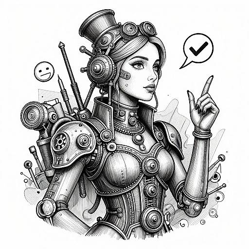 Black-and-white ink drawing of a cybernetic woman with gears, wires, and mechanical parts, raising her finger with a checkmark speech bubble.