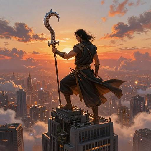 Epic silhouette of a warrior with a curved scythe, standing on a skyscraper at sunset, overlooking a cityscape. Digital artwork.