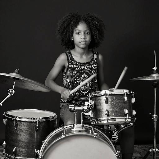 Black-and-white photograph of a young Black girl with curly hair, wearing a patterned tank top, playing a drum set in a studio.
