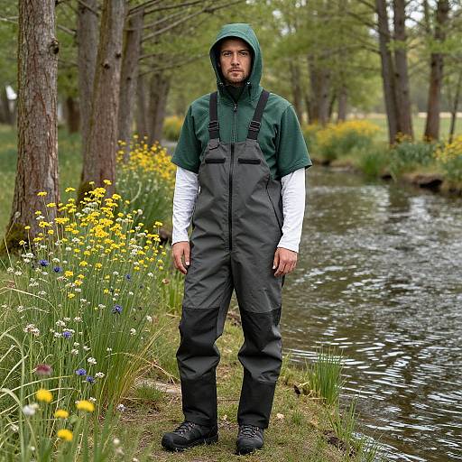 Photograph of a bearded man in green hoodie and black overalls standing by a forest creek with yellow wildflowers.