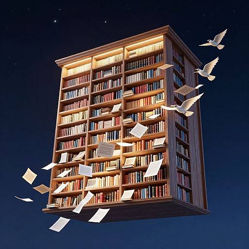 Floating library building under a starry night sky, illuminated, with books and papers flying out, surrounded by white birds.