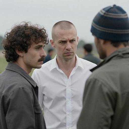 Three Men in an Outdoor Gathering