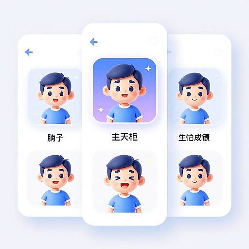 Digital illustration of six cartoon boy faces with blue hair and shirts, each in different expressions, labeled in Chinese. Central face has a glowing effect. White