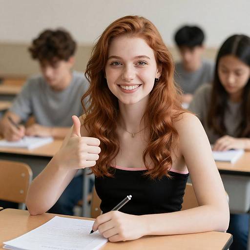Smiling Student Giving Thumbs Up in Classroom