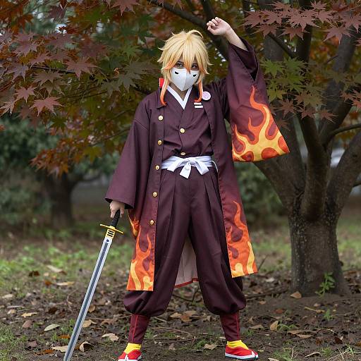 Cosplayer in Flame Pattern Kimono Holding Sword in Garden