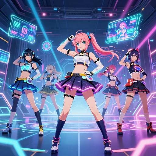 Anime-style digital artwork of five girls in neon-lit, futuristic concert setting, wearing crop tops, skirts, and thigh-high socks, posing confidently.
