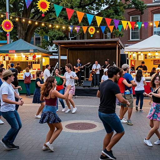 Outdoor street festival with colorful bunting, live jazz band, and diverse crowd dancing. Brightly lit food stalls, trees in background.