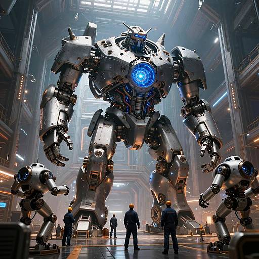 Photorealistic CGI: Massive metallic robot with glowing blue core, towering over a dimly lit futuristic factory, surrounded by small human figures.
