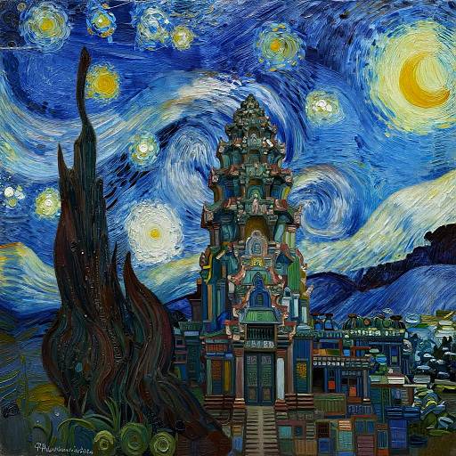 Angkor Wat Temple in Van Gogh Starry Night Style