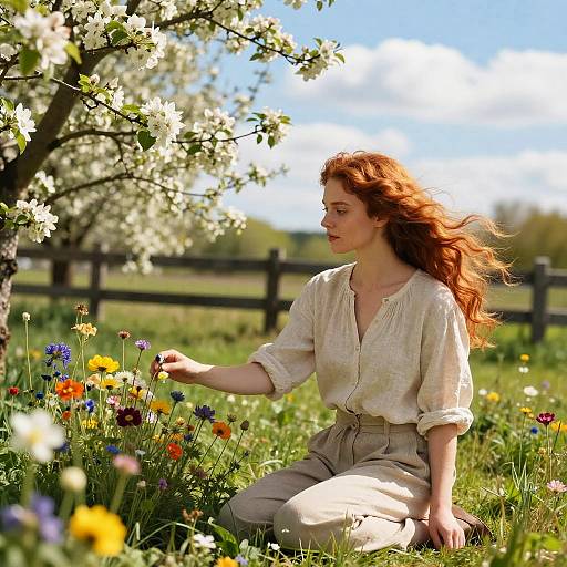 Photograph of a red-haired woman in a white blouse and beige pants, kneeling in a sunlit meadow, picking colorful flowers beneath a blooming