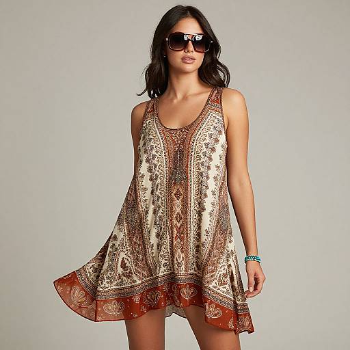 Photograph of a woman with dark hair, wearing large black sunglasses, a beige and red patterned sleeveless dress, and turquoise bracelet, standing against