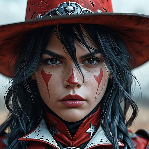 Close-up photograph of a woman in detailed red and white cosplay, with black hair, intense eyes, red face paint, and a red hat, ev