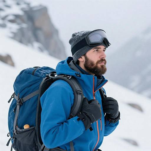 Winter Hiker with Blue Backpack in Snowy Mountains
