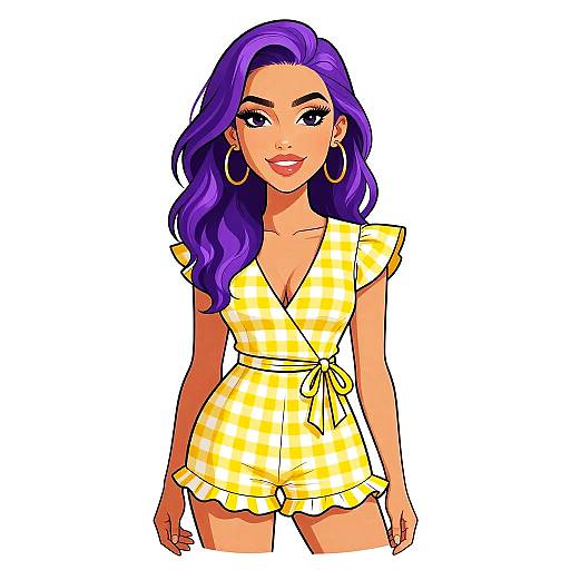 Digital illustration of a smiling woman with long purple hair, wearing a yellow and white checkered, short-sleeved romper and large gold hoop earrings