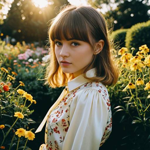Young Woman with Side Swept Bangs in Flower Garden