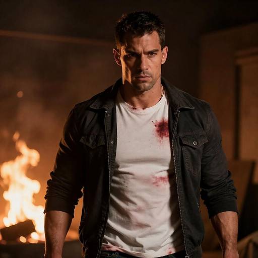 Blood-Stained Survivor in Fiery Room