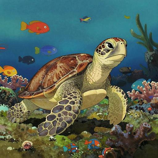 Whimsical Sea Turtle in Coral Reef