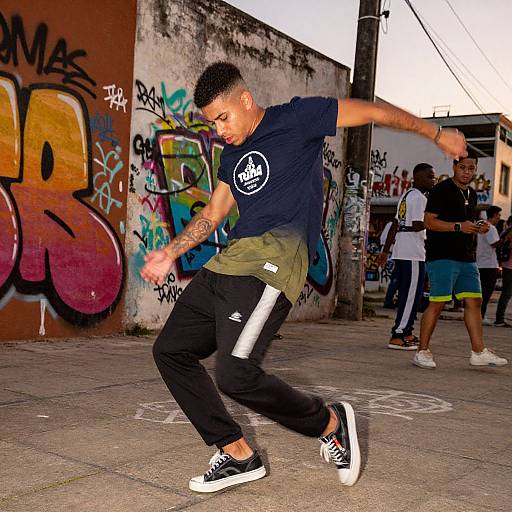 Photograph of a young man with short black hair, wearing a navy t-shirt, olive green pants, and black sneakers, dancing in a graffiti-covered