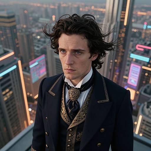 Melancholic Victorian Man in Futuristic City