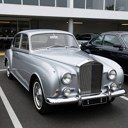Photograph of a shiny silver vintage Rolls-Royce parked in a modern parking lot, with a black car partially visible to the right.