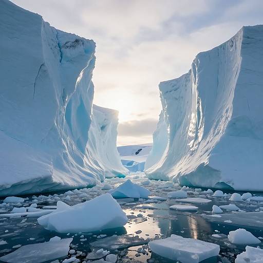 Photograph of icy blue glacier caves with jagged, translucent ice walls framing a bright, cloudy sky, surrounded by floating ice and a reflective, partially