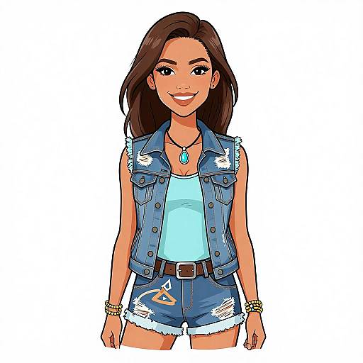 Colorful digital illustration of a smiling young woman with medium brown skin, long brown hair, wearing a blue denim vest, light blue tank top, and