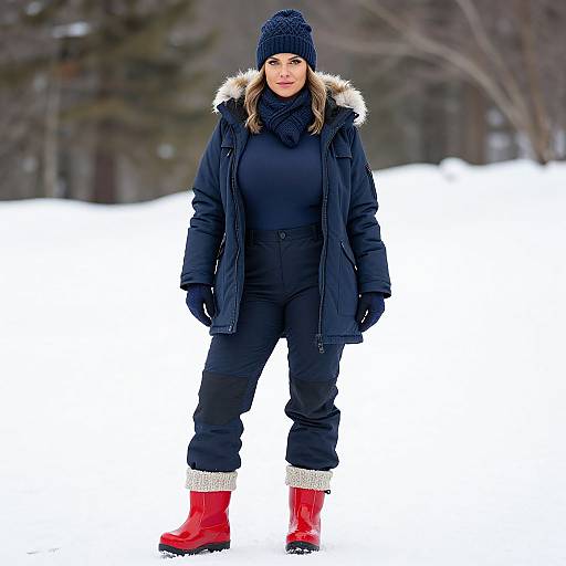 Photograph of a woman in a winter outfit: black coat with fur hood, black beanie, gloves, pants, and red boots, standing in