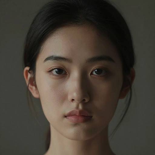 Photograph of a young Asian woman with fair skin, dark hair, and neutral expression, centered against a dark, blurred background.