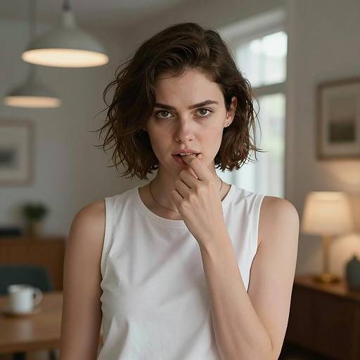 Woman with serious expression biting finger indoors