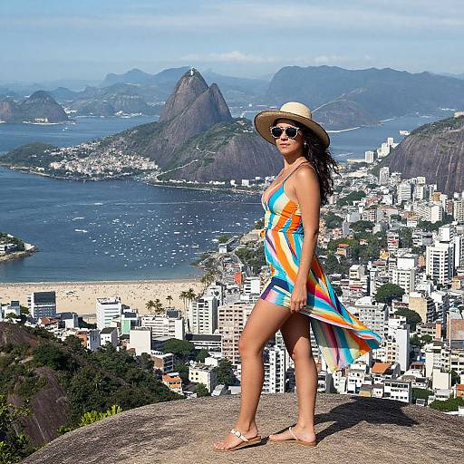 Photograph of a woman in a colorful striped dress and sunhat standing on a rocky outcrop, overlooking Rio de Janeiro's cityscape and iconic Sugar