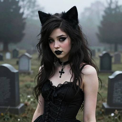 Gothic Girl in Graveyard with Cat Ears