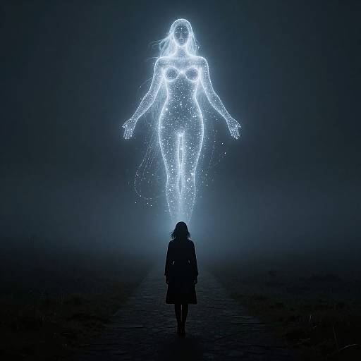 Digital artwork: Silhouetted figure walks towards glowing, ethereal blue light of a floating, luminous female figure in dark, misty background