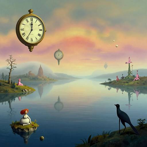 Whimsical digital painting of a serene lake at sunset, featuring floating clocks, a clock-studded sky, a red-capped mushroom, a seated
