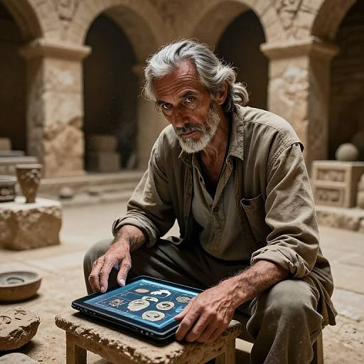 Photograph of an elderly man with gray hair and beard, wearing a beige shirt, sitting on a stone bench in a rustic, arched stone courtyard