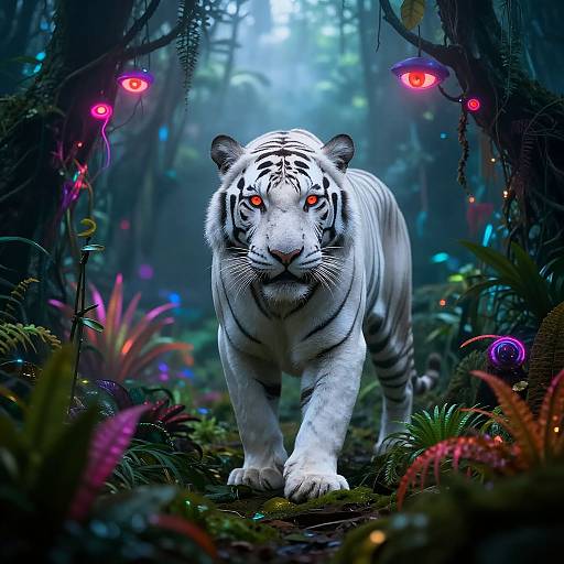 Digital art: A white tiger with glowing red eyes walks through a bioluminescent forest, surrounded by colorful mushrooms and mist, with floating red orbs