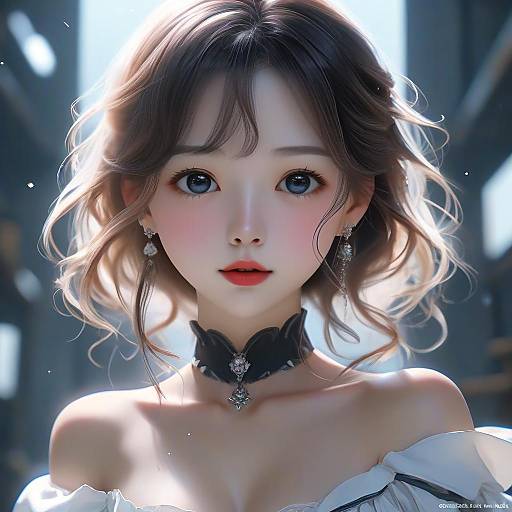 Digital CGI portrait of a beautiful young Asian woman with wavy brown hair, large blue eyes, and fair skin, wearing a black lace choker,