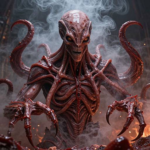 Digital artwork of a terrifying, red-skinned, tentacled monster with glowing eyes, sharp claws, and smoke rising from its head, set against
