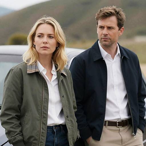 Serious Couple Standing by Car Outdoors