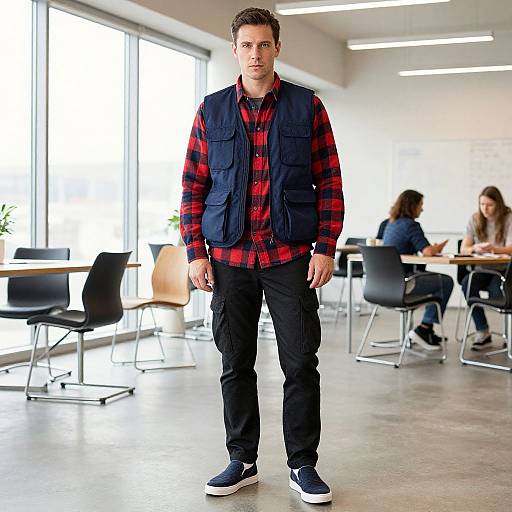 Photograph of a young white man with short brown hair, wearing a red plaid shirt, black vest, and black pants, standing in a modern