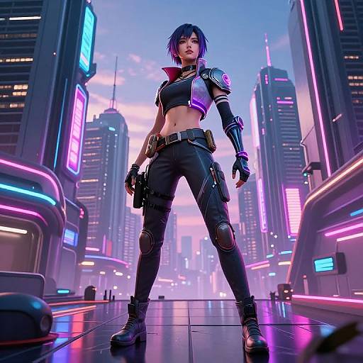 Cyberpunk cityscape photograph of a confident, blue-haired woman in a black, neon-accented outfit, standing with a gun, surrounded by