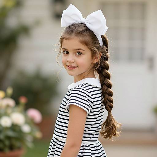 Photograph of a young girl with light brown hair in a braid, wearing a black-and-white striped shirt and a large white bow in her hair