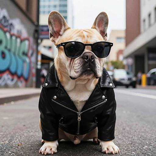Photograph of a French Bulldog wearing black sunglasses and a black leather jacket, sitting on an urban street with graffiti and buildings in the background.