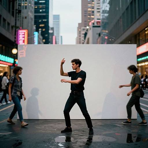 Photograph of a muscular man in black shirt and pants, striking a dynamic pose in a city street with bright neon lights, large white screen, and