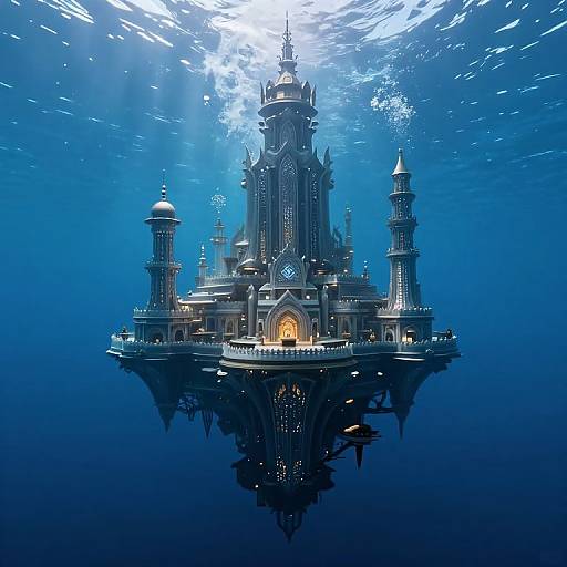 Photorealistic CGI of an underwater, illuminated, Gothic-style floating palace with intricate towers and spires, surrounded by deep blue ocean, sunlight filtering through